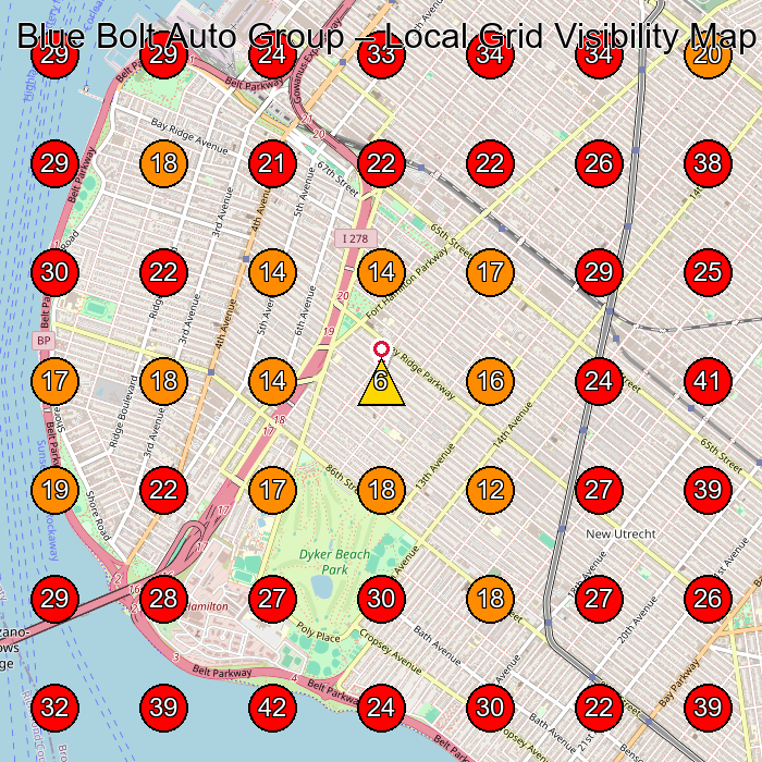 Blue Bolt Auto Group GeoGrid visibility map for Auto Broker in Brooklyn